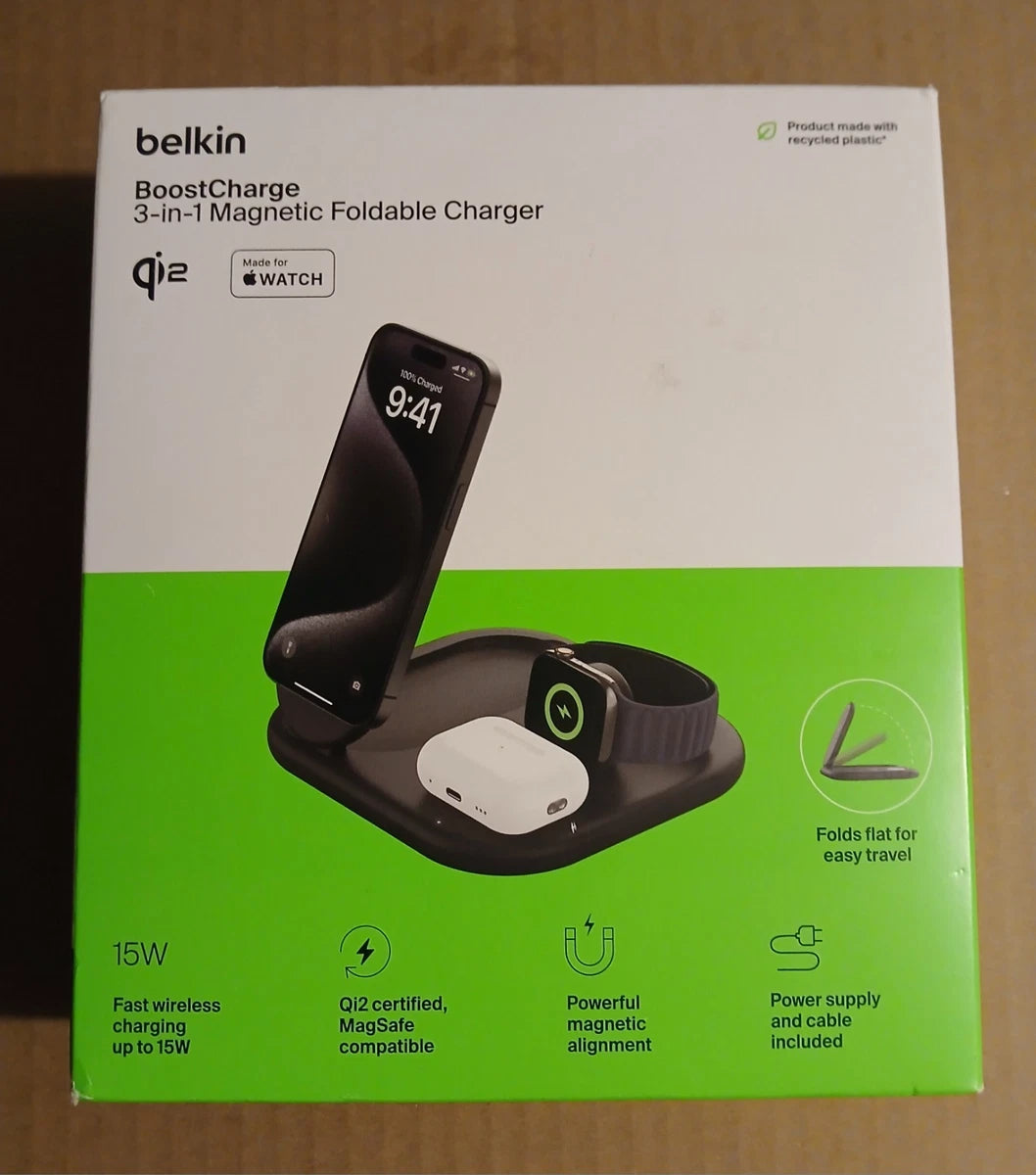Belkin MagSafe Qi2 Wireless Charger | 3-in-1 Magnetic Foldable Charger with 15W | Fast Charger for iPhone 16, 15, Apple Watch, AirPods with Non-Slip Base | PSU Included | 36W Charger Included