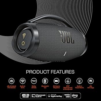 JBL Boombox 3 Wi-Fi, Wireless Portable Bluetooth Speaker, 24H Playtime, Deepest Bass, Built-in Powerbank, Wi-Fi with AirPlay, Alexa Multi-Room, Chromecast Built-in™, PartyBoost, IP67, App (Black)