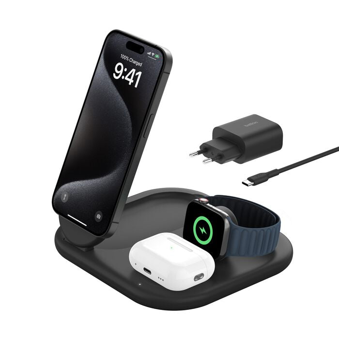 Belkin MagSafe Qi2 Wireless Charger | 3-in-1 Magnetic Foldable Charger with 15W | Fast Charger for iPhone 16, 15, Apple Watch, AirPods with Non-Slip Base | PSU Included | 36W Charger Included