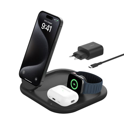 Belkin MagSafe Qi2 Wireless Charger | 3-in-1 Magnetic Foldable Charger with 15W | Fast Charger for iPhone 16, 15, Apple Watch, AirPods with Non-Slip Base | PSU Included | 36W Charger Included