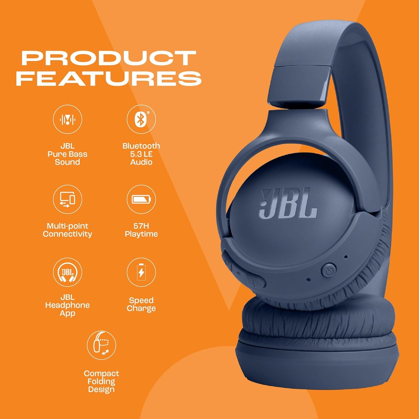 JBL Tune 520BT Wireless On Ear Headphones with Mic, Pure Bass Sound, Upto 57 Hrs Playtime -Unboxed