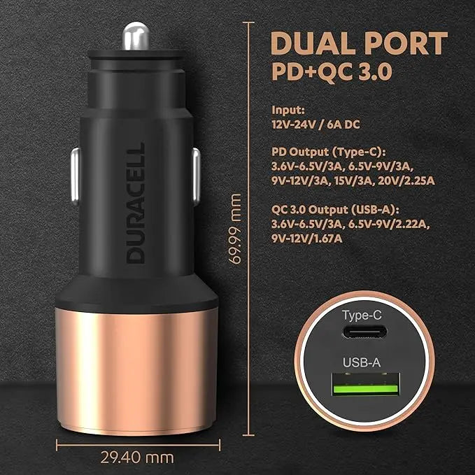 Duracell 65W Fast Car Charger Adapter with Dual Output. Quick Charge, Type C PD 45W & Qualcomm Certified 3.0 20W, Compatible for iPhone, All Smartphones, Tablets & More (Copper & Black) Dabbakhul