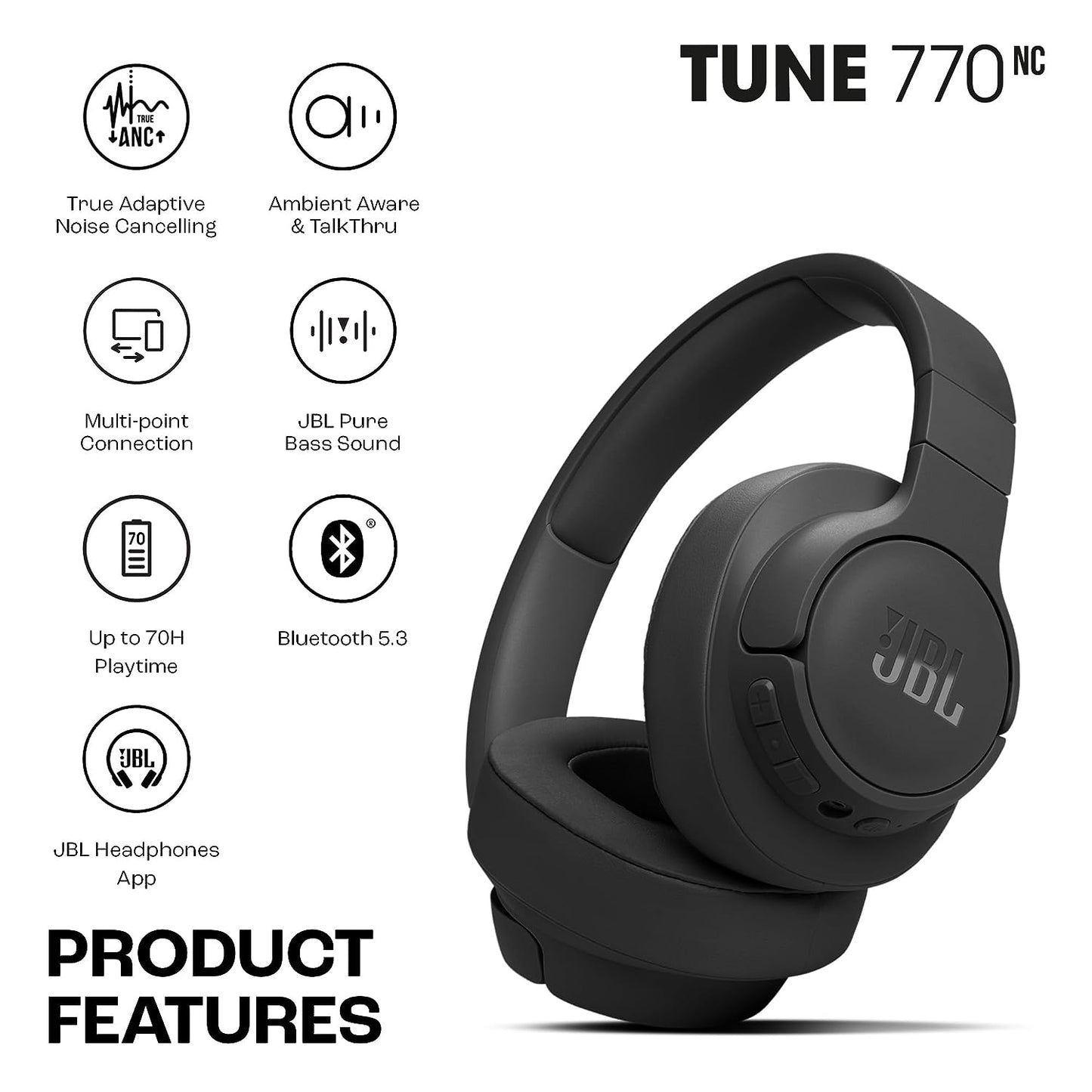 JBL Tune 770NC Wireless Over Ear ANC Headphones with Mic - Unboxed