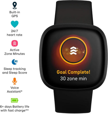 Fitbit Versa 3 Health & Fitness Smartwatch with GPS, 24/7 Heart Rate, Alexa Built-in, 6+ Days Battery, Midnight Blue/Gold, One Size (S & L Bands Included) Dabbakhul