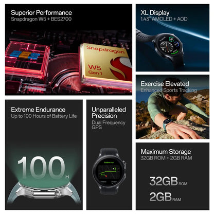 OnePlus Watch 2 with Wear OS 4,Snapdragon W5 Chipset,Upto 100hrs battery life,1.43’’ AMOLED Display,Stainless Steel & Sapphire Crystal build,Dual Frequency GPS,5 ATM, IP68 & BT Calling Dabbakhul