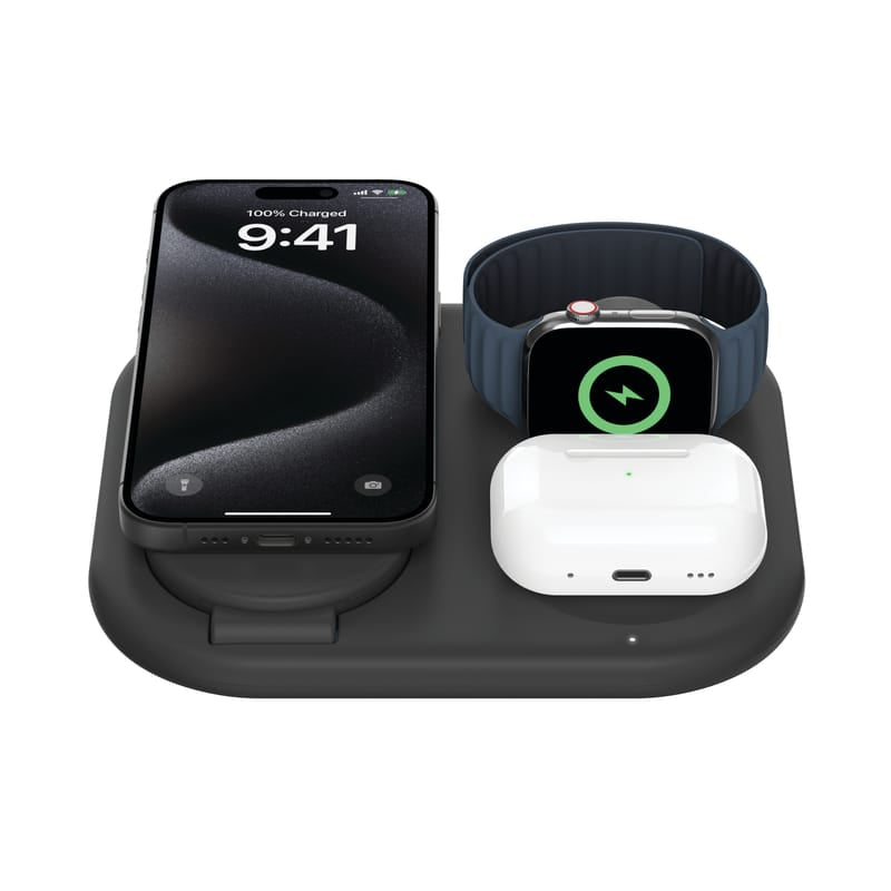 Belkin MagSafe Qi2 Wireless Charger | 3-in-1 Magnetic Foldable Charger with 15W | Fast Charger for iPhone 16, 15, Apple Watch, AirPods with Non-Slip Base | PSU Included | 36W Charger Included