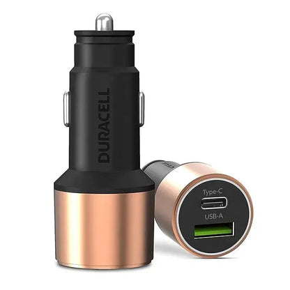 Duracell 65W Fast Car Charger Adapter with Dual Output. Quick Charge, Type C PD 45W & Qualcomm Certified 3.0 20W, Compatible for iPhone, All Smartphones, Tablets & More (Copper & Black) Dabbakhul