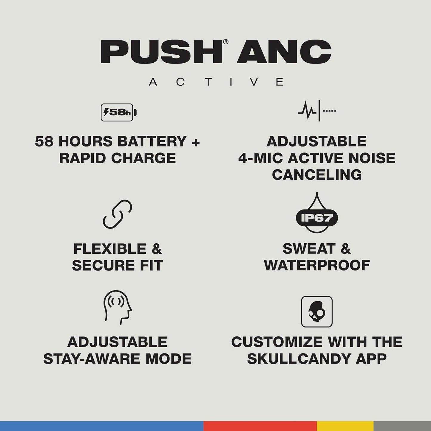 Skullcandy Push ANC Active in Ear Wireless Earbuds – 58Hr Battery + Rapid Charge, Active Noise Cancellation, IP67 Waterproof, Wireless Charging Case, Mic – True Black/Orange - Unboxed