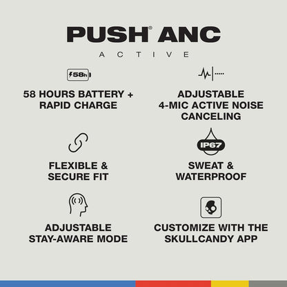 Skullcandy Push ANC Active in Ear Wireless Earbuds – 58Hr Battery + Rapid Charge, Active Noise Cancellation, IP67 Waterproof, Wireless Charging Case, Mic – True Black/Orange - Unboxed