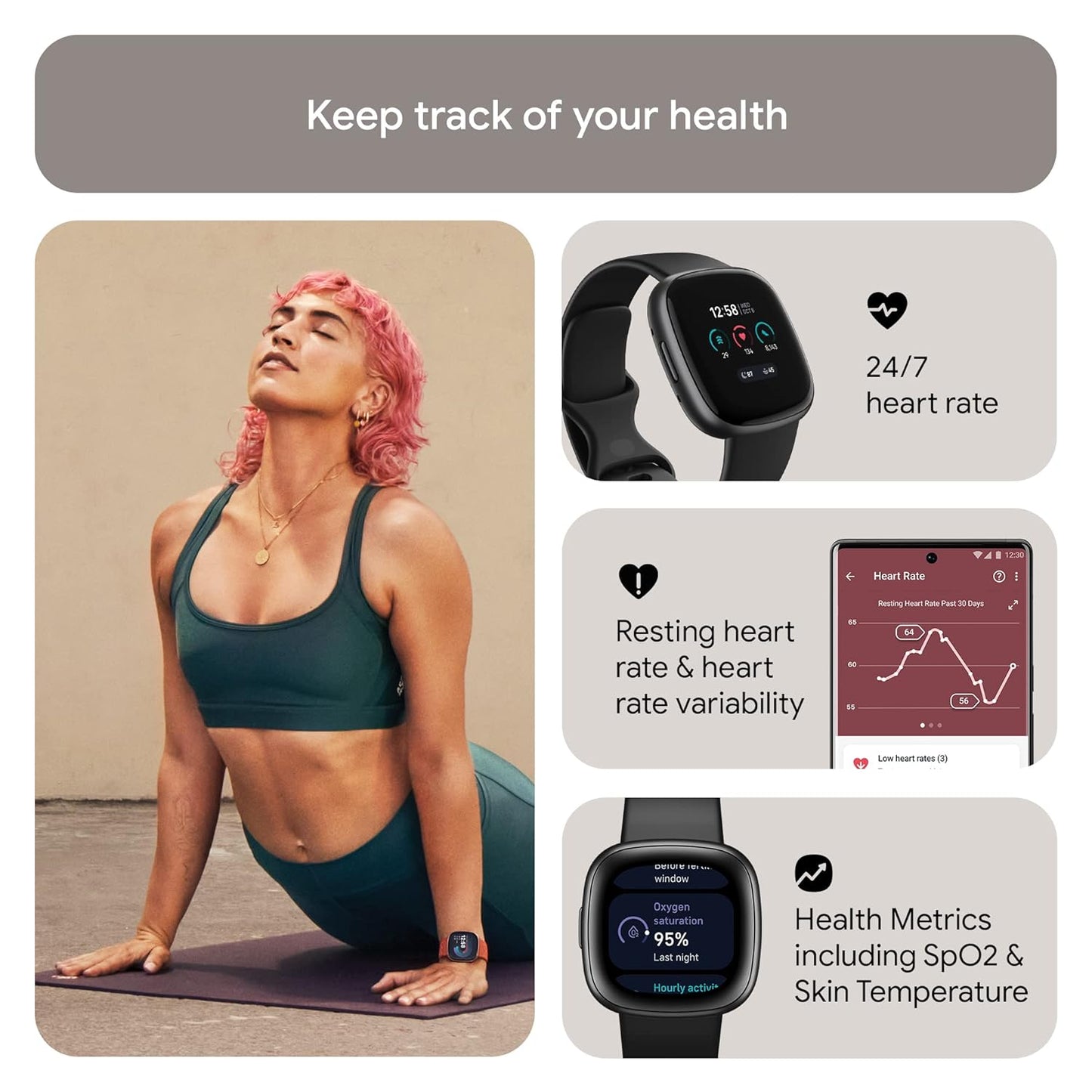 Fitbit Versa 4 Fitness Smartwatch with Daily Readiness, GPS, 24/7 Heart Rate, 40+ Exercise Modes, Sleep Tracking and more, One Size (S & L Bands Included) Dabbakhul