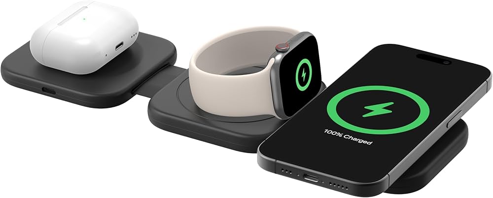 Belkin Magsafe Charger Compatible 3-in-1 Magnetic Charging Travel Pad 15W-Boostcharge Pro Foldable Qi2-Certified Wireless Charger, for iPhone 16 Series,Apple Watch,Airpods