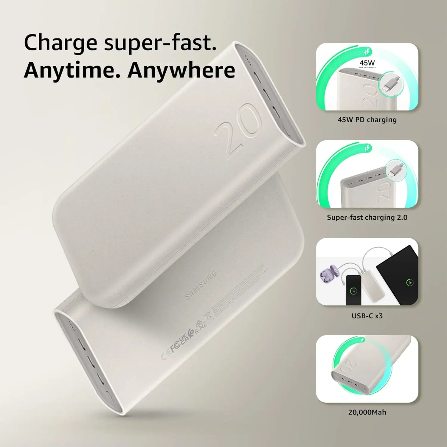 Samsung Galaxy 20000mAh Power Bank, Wired Battery Pack, Gray Dabbakhul