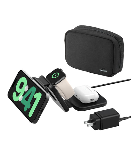 Belkin Magsafe Charger Compatible 3-in-1 Magnetic Charging Travel Pad 15W-Boostcharge Pro Foldable Qi2-Certified Wireless Charger, for iPhone 16 Series,Apple Watch,Airpods