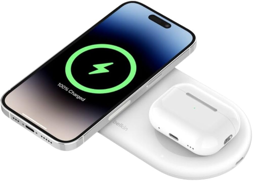 Belkin Magsafe 2-in-1 Wireless Charging Pad Qi2 15W| Additional USB-C Port | Fast Charging Station for iPhone 17 ,16, 15, & 14 Series, AirPods, and More | White