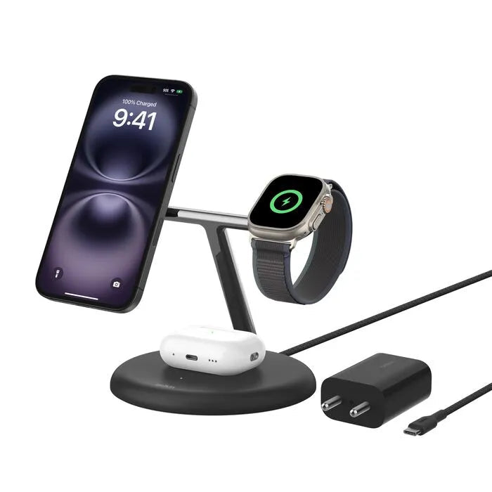 Belkin MagSafe 3-in-1 Qi2 Wireless Charger Stand 15W | Fast Charging iPhone Charger for iPhone 16, 15, 14 & 13 Series, AirPods, & Apple Watch | 36W Charger Included | Black - Unboxed