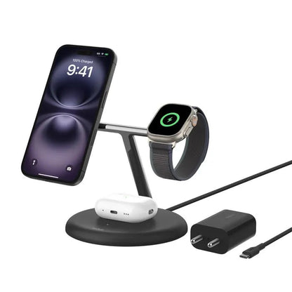 Belkin MagSafe 3-in-1 Qi2 Wireless Charger Stand 15W | Fast Charging iPhone Charger for iPhone 16, 15, 14 & 13 Series, AirPods, & Apple Watch | 36W Charger Included | Black - Unboxed