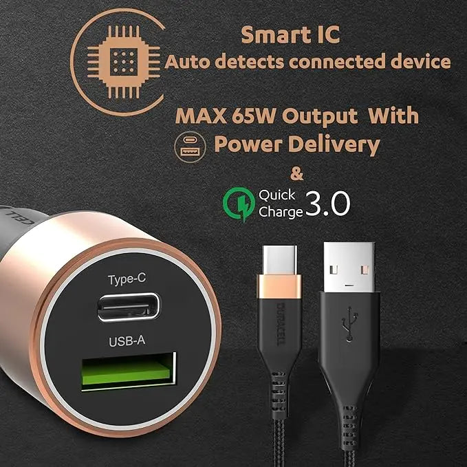 Duracell 65W Fast Car Charger Adapter with Dual Output. Quick Charge, Type C PD 45W & Qualcomm Certified 3.0 20W, Compatible for iPhone, All Smartphones, Tablets & More (Copper & Black) Dabbakhul
