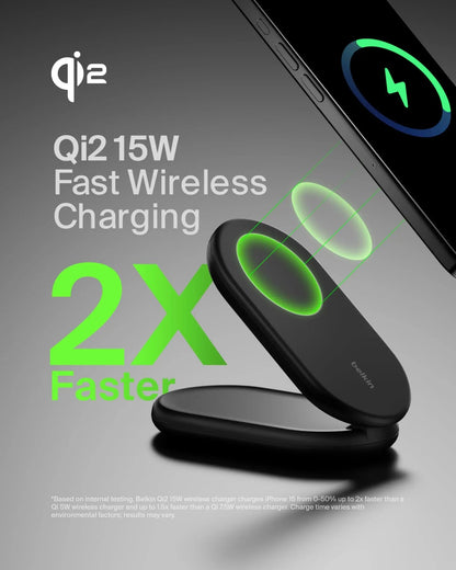 Belkin MagSafe Qi2 Wireless Charger | 2-in-1 Magnetic Foldable 15W | Fast Charger for iPhone 16, 15, 14, 13, 12 | Charging Station with Non-Slip Base | PSU Included Dabbakhul