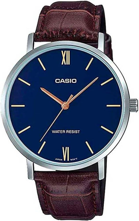 Casio MTP-VT01L-2B Men's Minimalistic Blue Dial Brown Leather Band Analog Watch