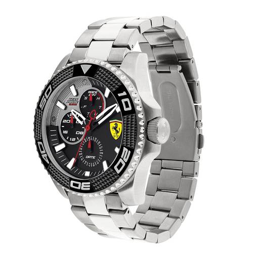 Scuderia Ferrari Men Black & Grey KERS Xtreme Analogue Watch (Model 0830470), featuring a textured black dial, multifunction sub-dials, and a silver-toned stainless steel bracelet.