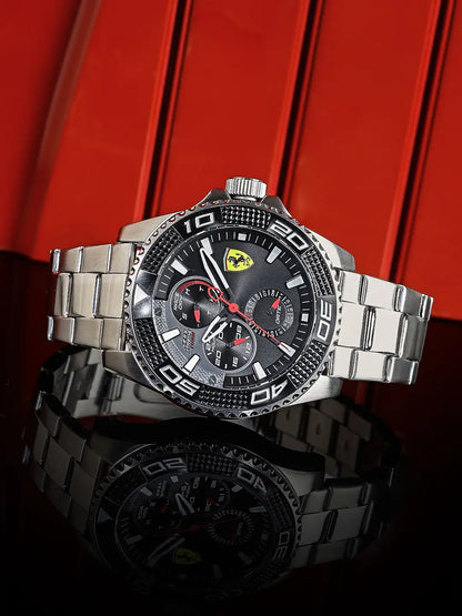 Scuderia Ferrari Men Black & Grey KERS Xtreme Analogue Watch (Model 0830470), featuring a textured black dial, multifunction sub-dials, and a silver-toned stainless steel bracelet.