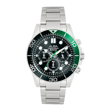 Alba By Seiko AT3J39X1 Midnight Black Dial with Black+Green Bezel Chronograph