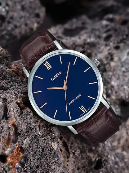 Casio MTP-VT01L-2B Men's Minimalistic Blue Dial Brown Leather Band Analog Watch