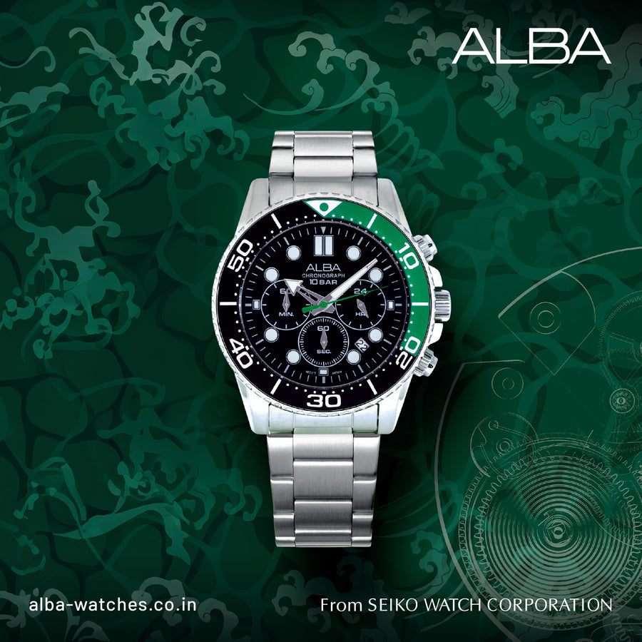 Alba By Seiko AT3J39X1 Midnight Black Dial with Black+Green Bezel Chronograph