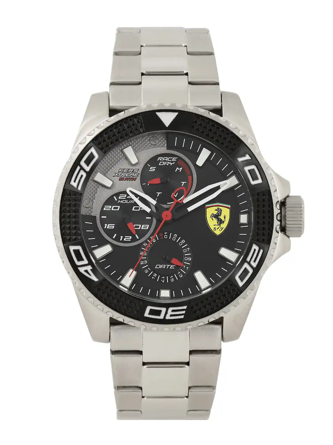 Scuderia Ferrari Men Black & Grey KERS Xtreme Analogue Watch (Model 0830470), featuring a textured black dial, multifunction sub-dials, and a silver-toned stainless steel bracelet.
