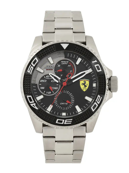 Scuderia Ferrari Men Black & Grey KERS Xtreme Analogue Watch (Model 0830470), featuring a textured black dial, multifunction sub-dials, and a silver-toned stainless steel bracelet.
