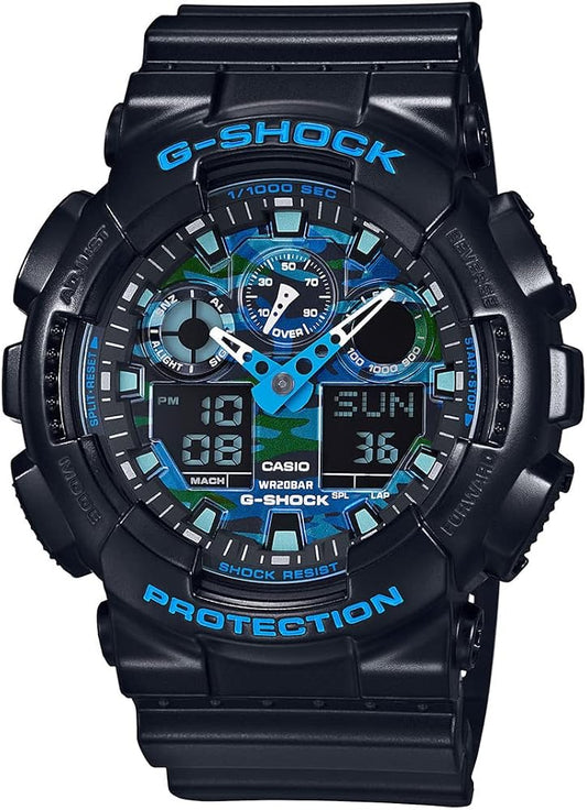Casio G-Shock GA-100CB-1ADR Black & Blue Camouflage Analog-Digital Dial Black Resin Strap Men's Watch Shock And 200M Water Resistant G625