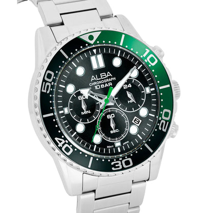 Alba By Seiko AT3J39X1 Midnight Black Dial with Black+Green Bezel Chronograph