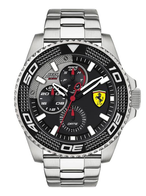 Scuderia Ferrari Men Black & Grey KERS Xtreme Analogue Watch (Model 0830470), featuring a textured black dial, multifunction sub-dials, and a silver-toned stainless steel bracelet.