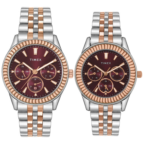 TimTIMEX Unisex Burgundy Round Dial Analog Pair Watch - TW0PRE003ex
